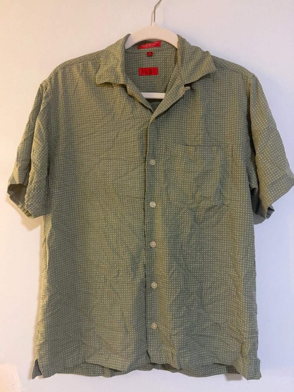 Vintage IZOD 100% Washable Silk Olive Green Geometric Button Up Shirt S